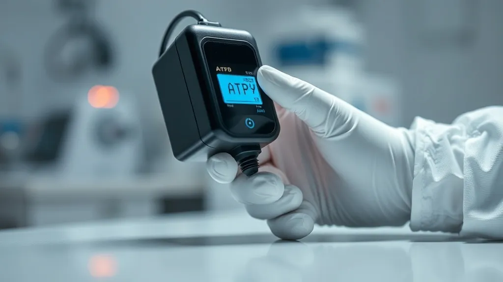 Close-up of a high-tech ATP luminometer device being used by