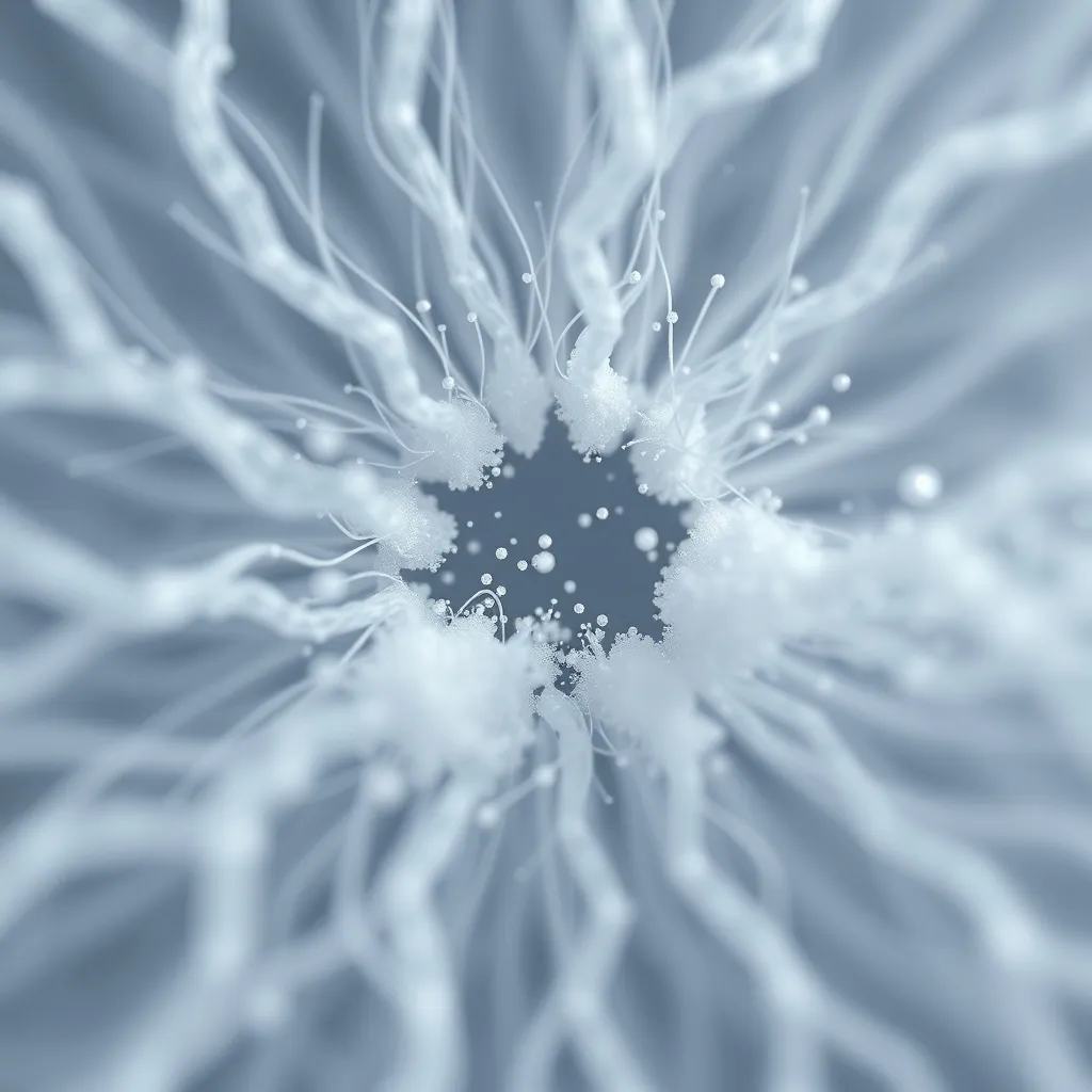 Microscopic view of HEPA filter fibers trapping dust particl