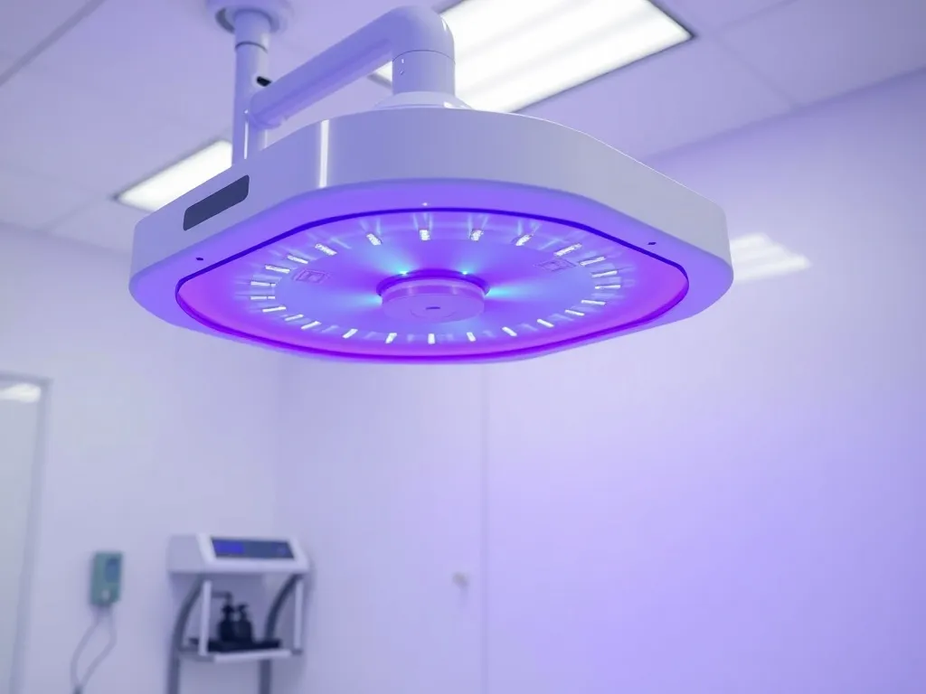 Medical grade UVC disinfection lamp in a sterile room, viole